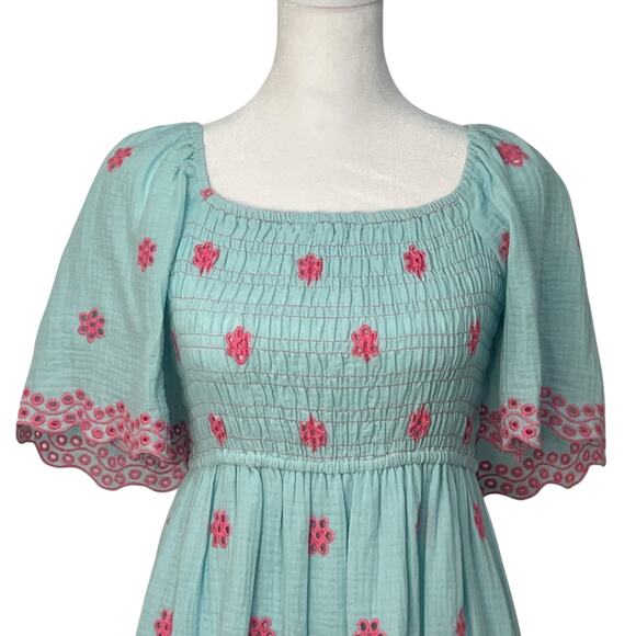 Easel Embroidered Smocked Tie Back Cotton Blue Ruffle Dress Small A Line Boho - Picture 3 of 14